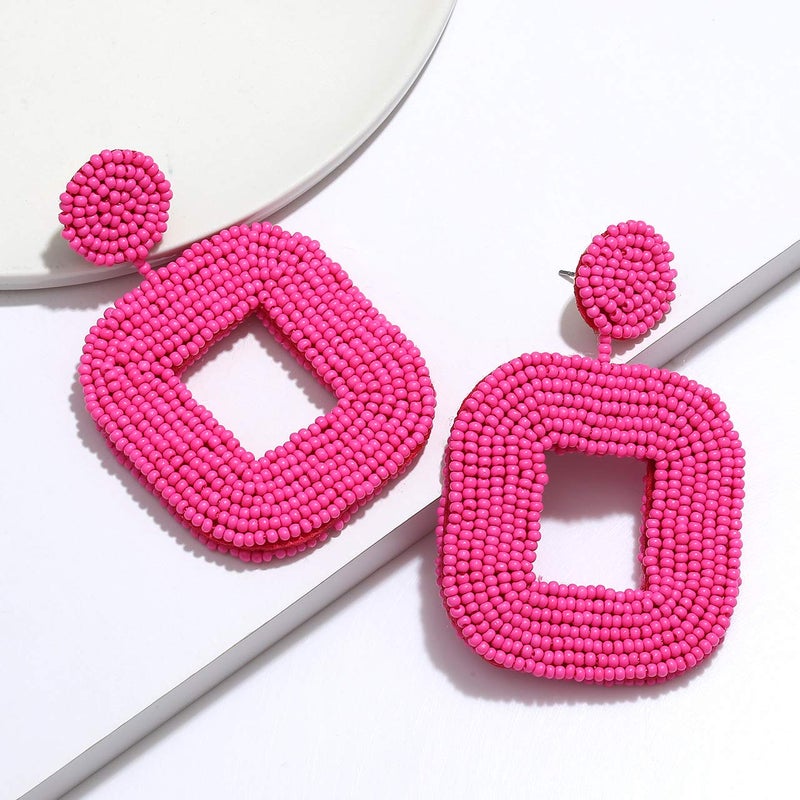 Boderier Beaded Drop Hot Pink Earrings Bohemian Wire Wrapped Beaded Square Hoop Dangle Statement Earrings (Hot Pink) - Image 2